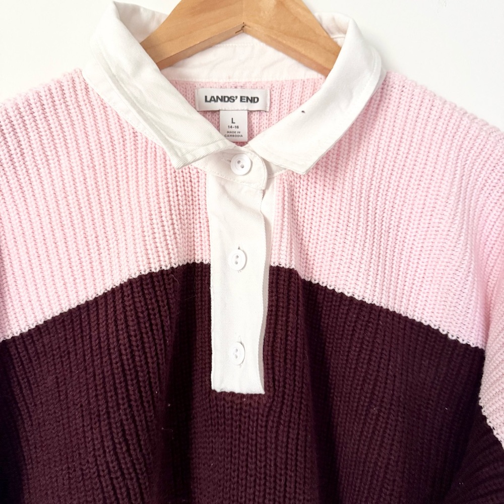 Lands’ End Rugby Stripe Sweater Pink Burgundy Size L - Picture 3 of 7